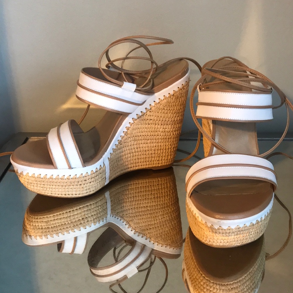 Stuart Weitzman Leather and Straw Wedges